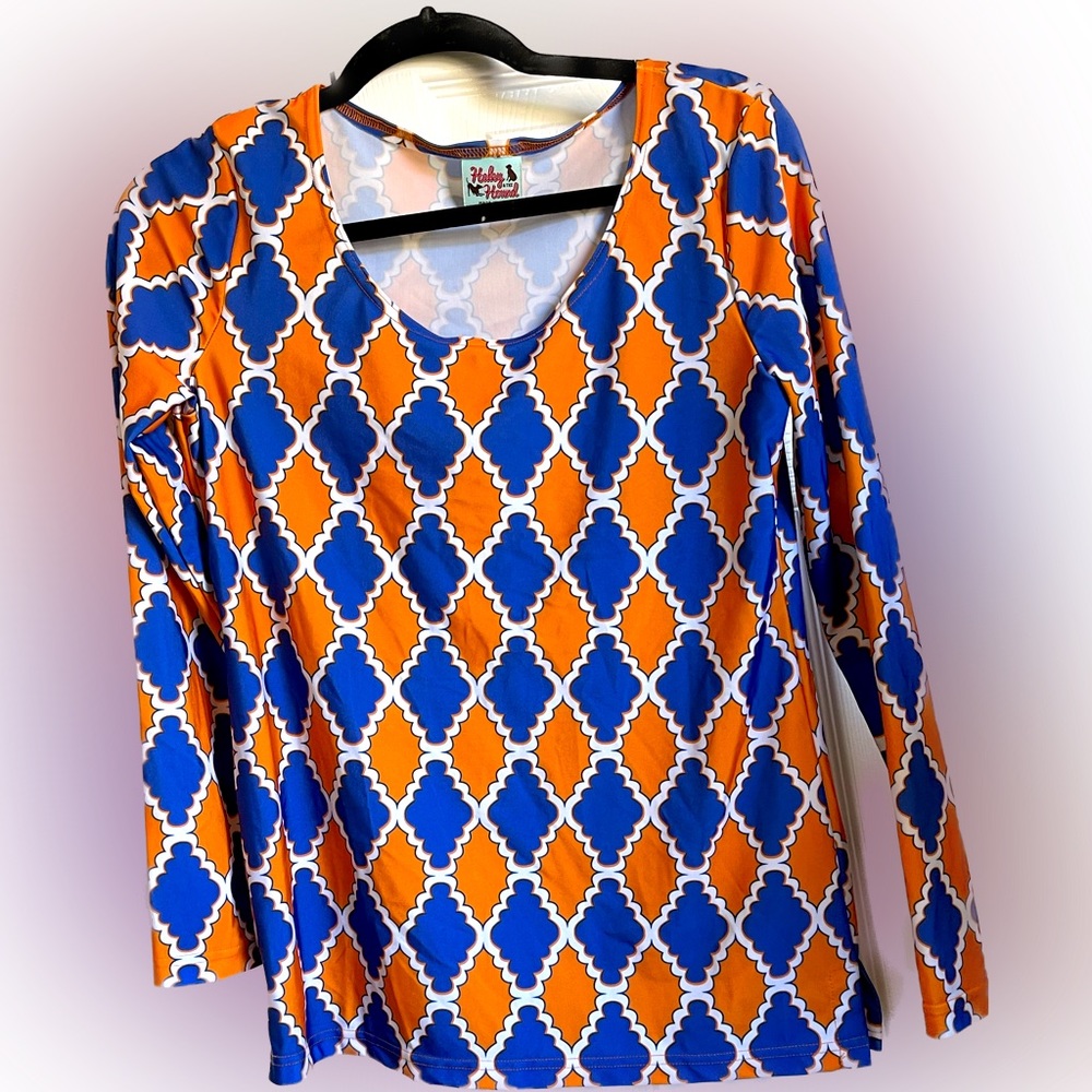 Haley and the Hound orange and blue top